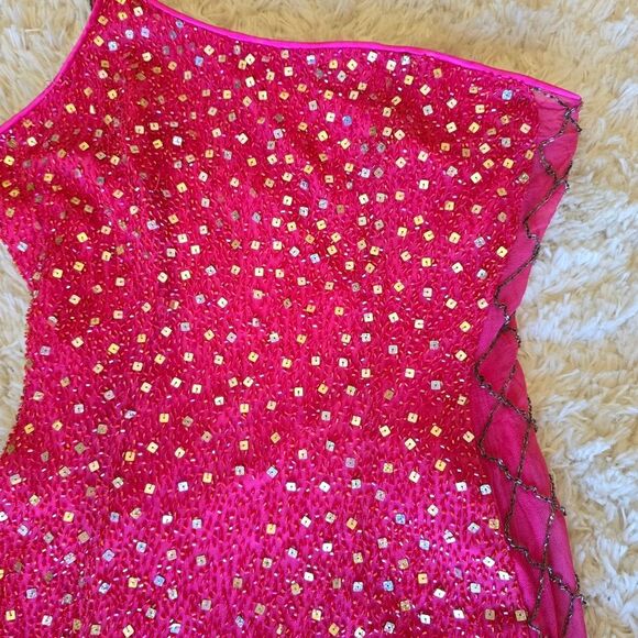 Vintage PANOPLY Pink Sequin One-Shoulder Silk Dress Embellished Sz 6 Y2K Glam - Picture 3 of 15